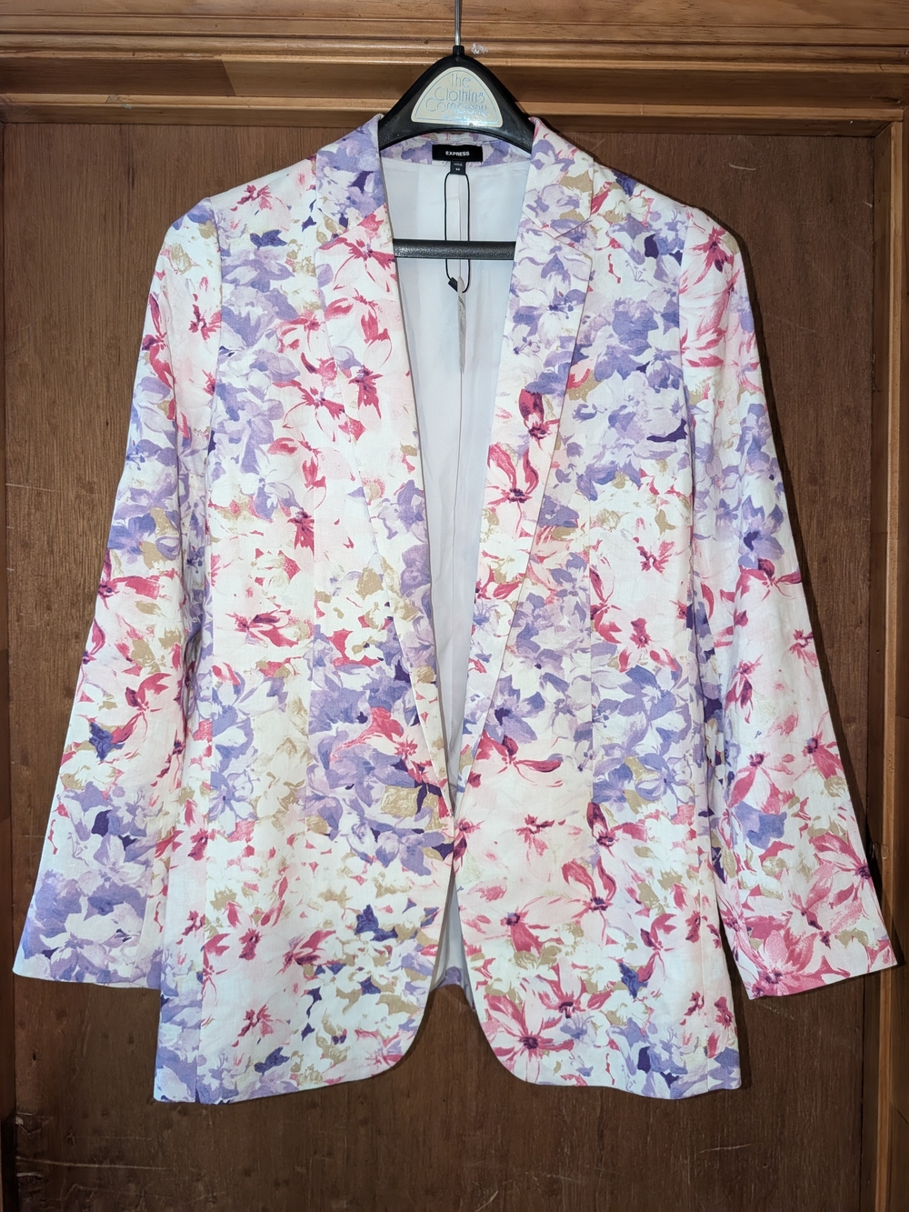 Express Open Front Floral Linen Blazer Jacket Pink Purple Women's XS NEW